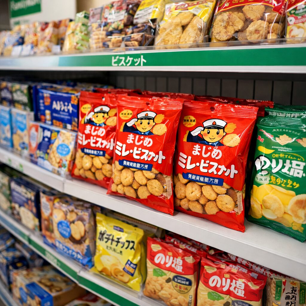 ミレービスケットとお菓子の棚