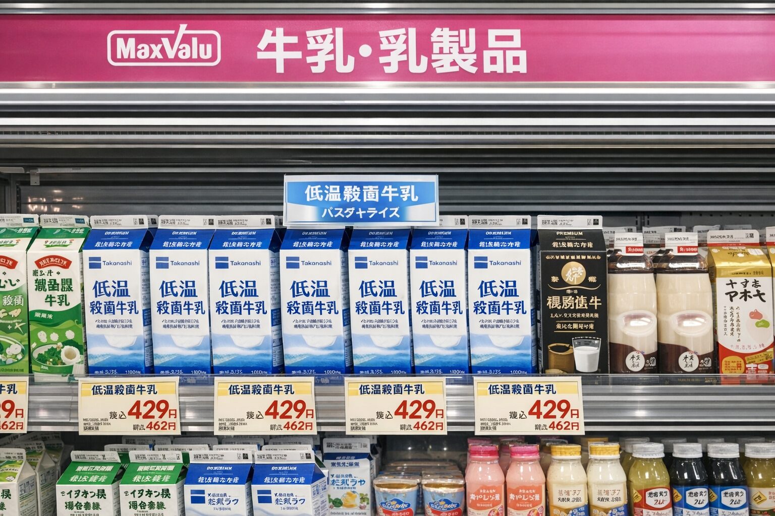 低温殺菌牛乳　マックスバリュ売り場